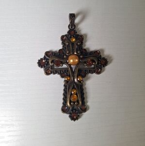 Vintage-Inspired Bronze Cross Necklace with Amber Details